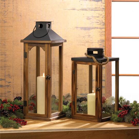 22.25" Simple Metal Top Wooden Lantern
